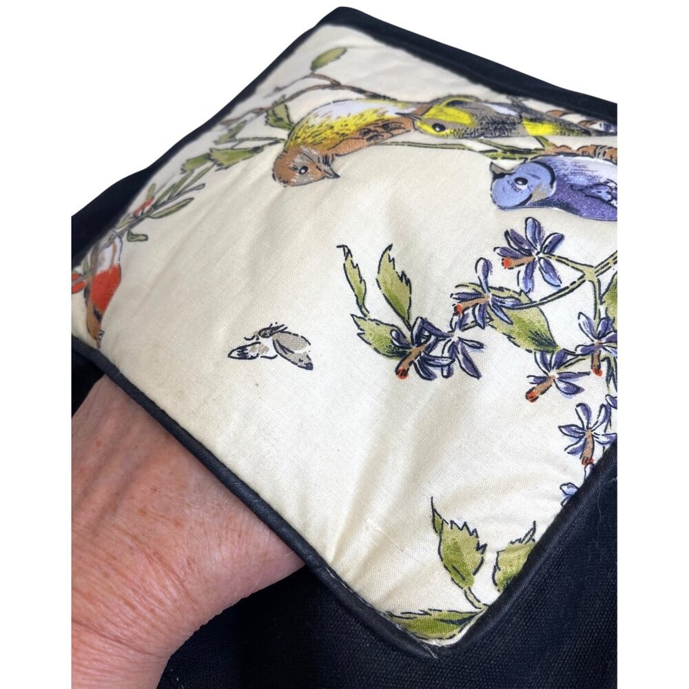 Quilted Bird Tote Bag Purse Lined Black Fabric Handbag Pocket Blue Jay Vintage - Picture 6 of 12